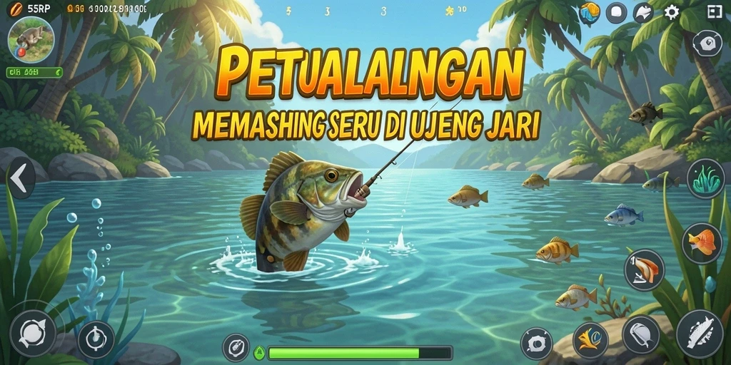 Screenshot gameplay 55RP yang menampilkan pengalaman memancing yang mendebarkan.