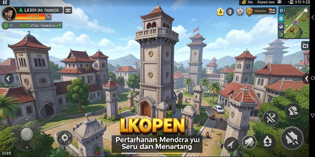 Screenshot gameplay LKOPEN dengan menara yang strategis.