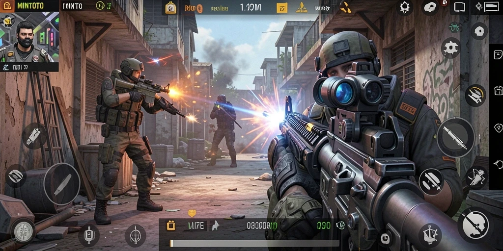 Tampilan gameplay menegangkan MINTOTO dengan aksi FPS seru.