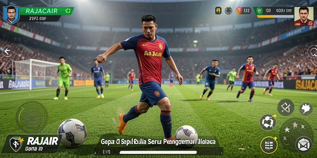 Tampilan gameplay menakjubkan dalam RAJACAIR dengan aksi sepak bola yang mendebarkan.