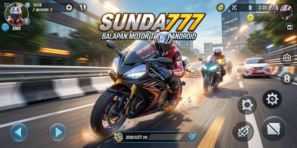 Tampilan seru dari gameplay SUNDA777 saat balapan motor di jalanan kota.