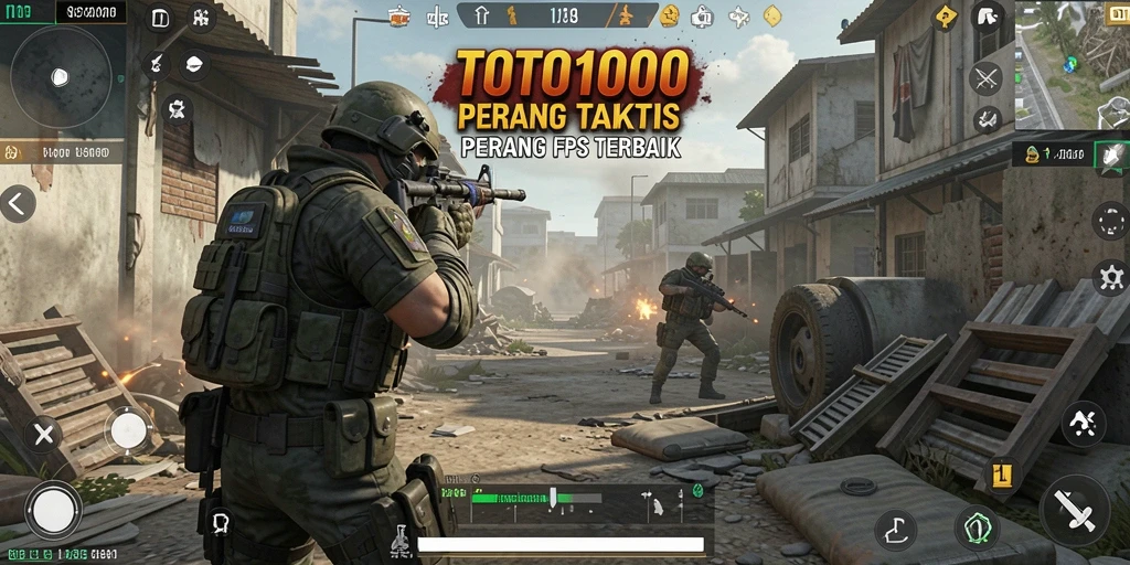 Screenshot gameplay mendebarkan dari TOTO1000 yang menunjukkan aksi FPS.